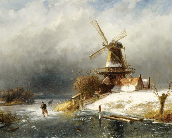 Winter landscape with skaters near a windmill by Charles Henri Joseph Leickert